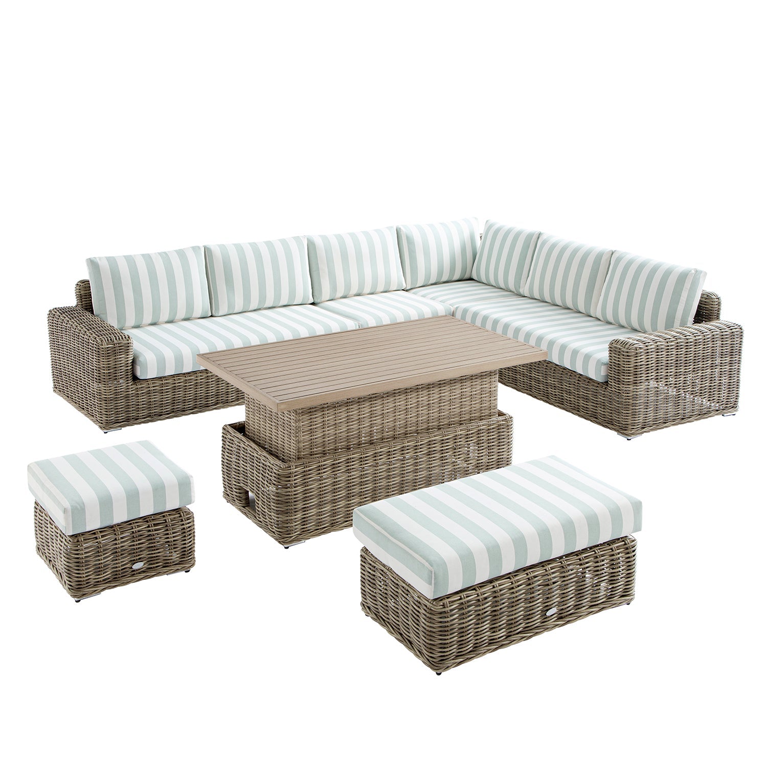 Bellagio Round Wicker Large Corner Casual Dining Set with Rising Table, Natural with Sage Stripes